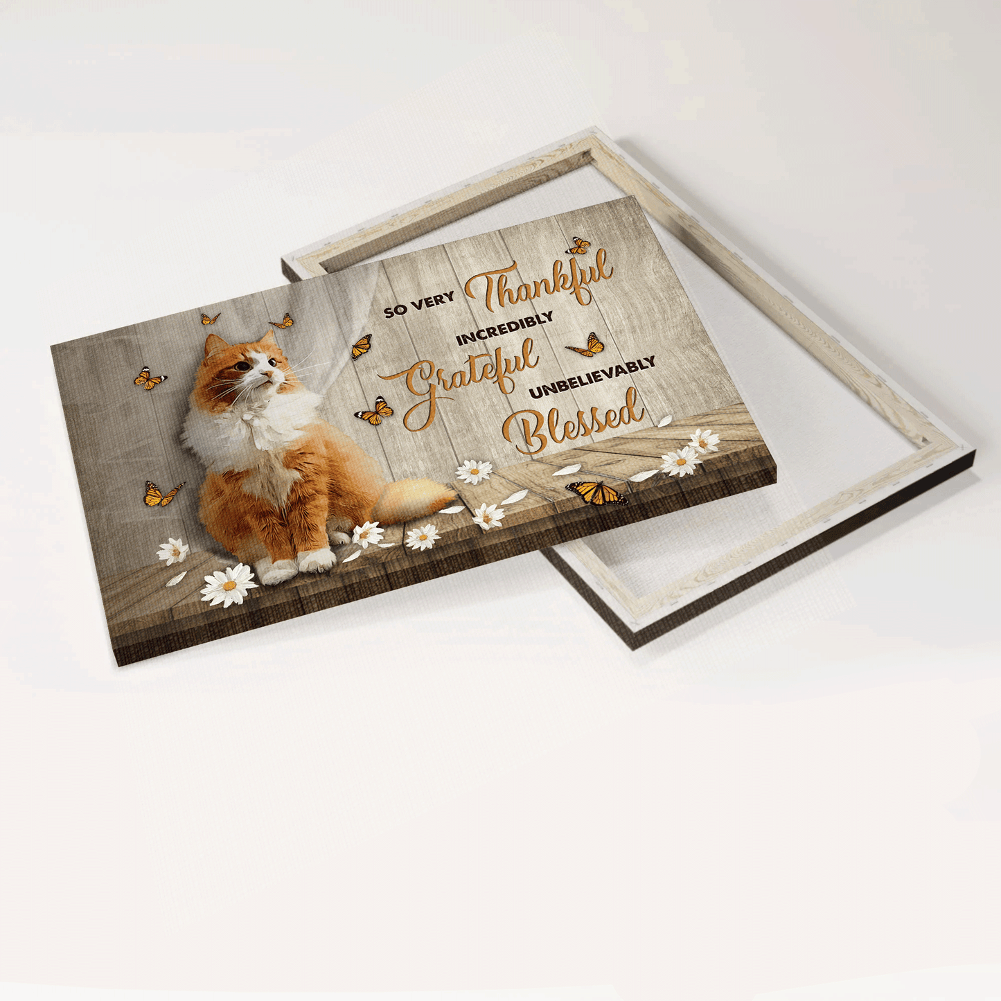 Jesus Landscape Canvas - Beautiful cat, White daisy, Pretty butterfly Landscape Canvas - Gift For Christian - So very thankful