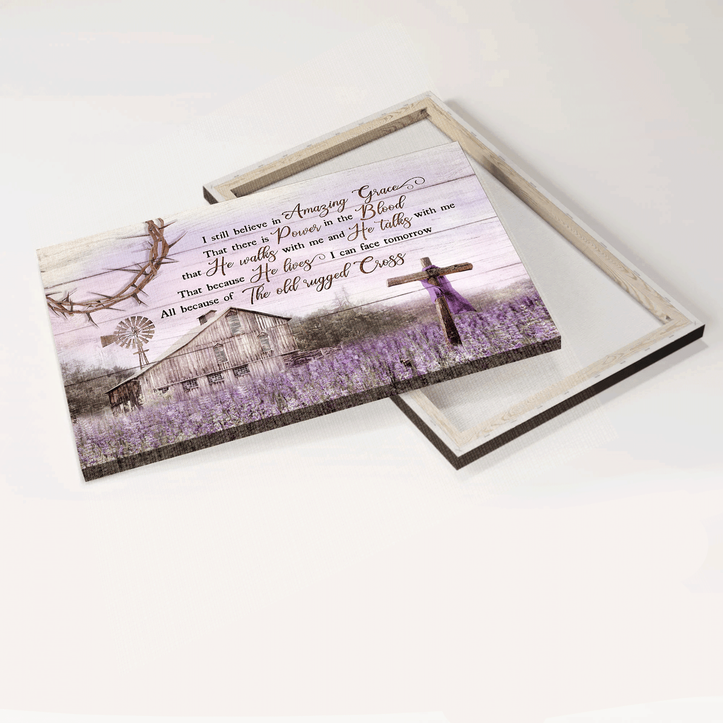 Jesus Landscape Canvas - Lavender farm, Wooden cross, Purple sky Canvas - Gift For Christian - I still believe in amazing grace