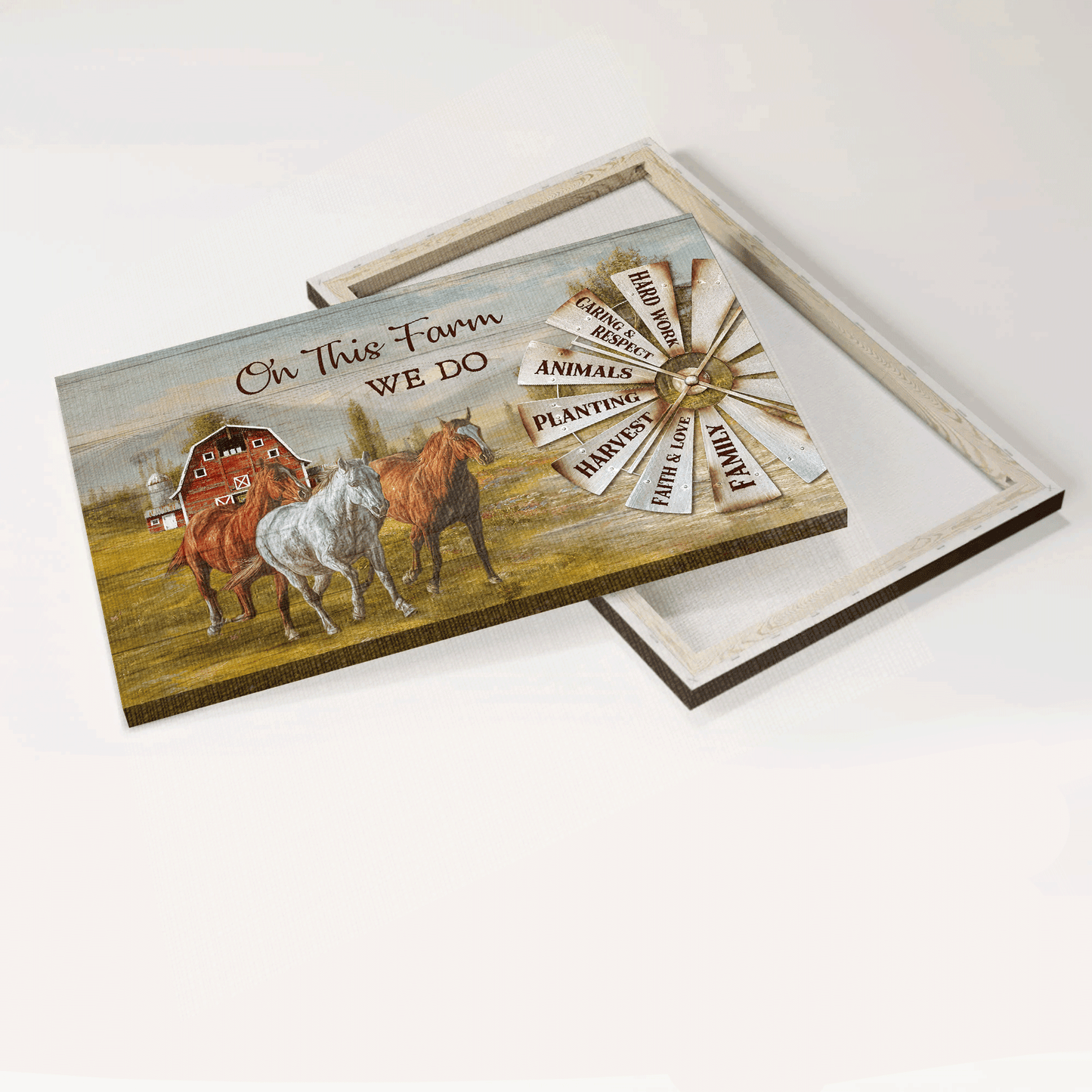 Jesus Landscape Canvas- Beautiful horses, Windmill painting, Red house canvas- Gift for Christian- On this farm we do hard work