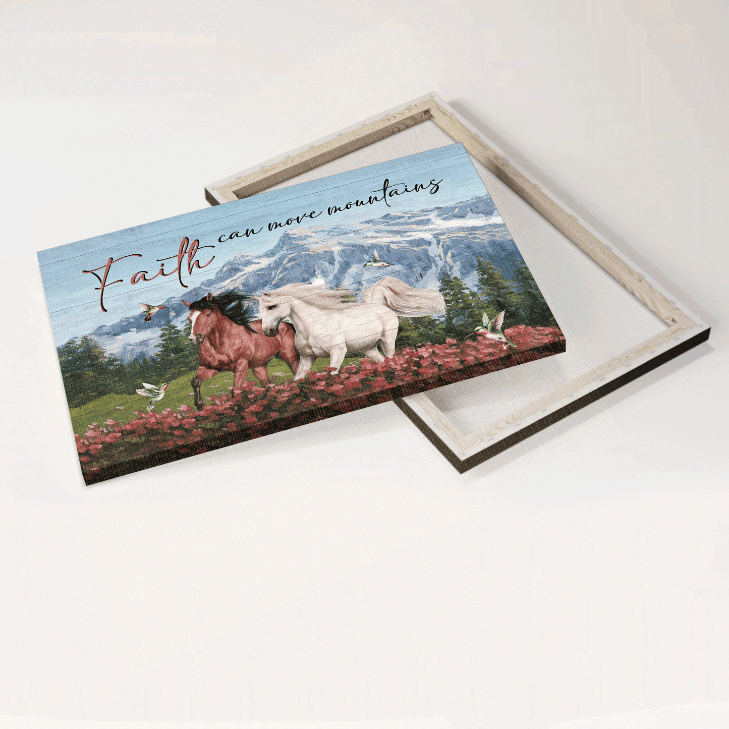 Jesus Landscape Canvas- Beautiful horses, Pink flower field, Hummingbird canvas- Gift for Christian- Faith can move mountains