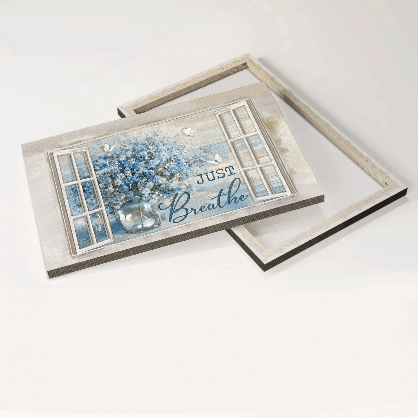 Jesus Landscape Canvas- Blue daisy vase, Crystal vase, White butterfly, Just breathe canvas- Gift for Christian- Landscape Canvas Prints, Christian Wall Art