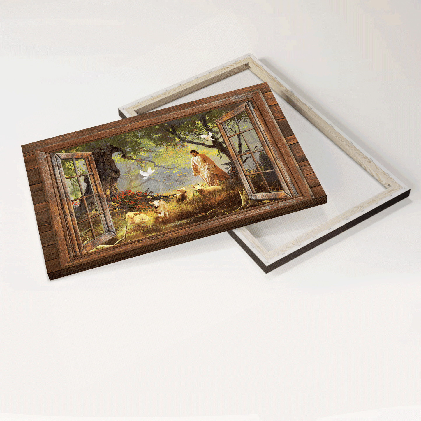 Jesus Landscape Canvas - Lambs painting, Walking with Jesus, Into the forest, Spring forest, Window frame Canvas - Gift For Christian Landscape Canvas