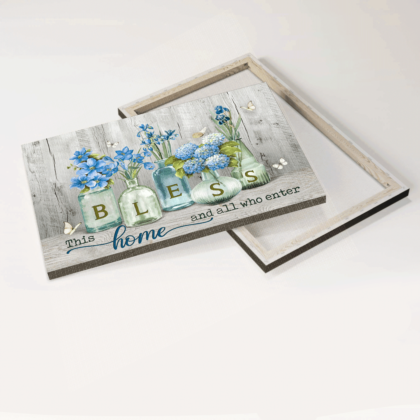 Jesus Landscape Canvas - Blue flower, Pretty hydrangea, Butterfly Landscape Canvas - Gift For Christian - Bless this home and all who enter Landscape Canvas