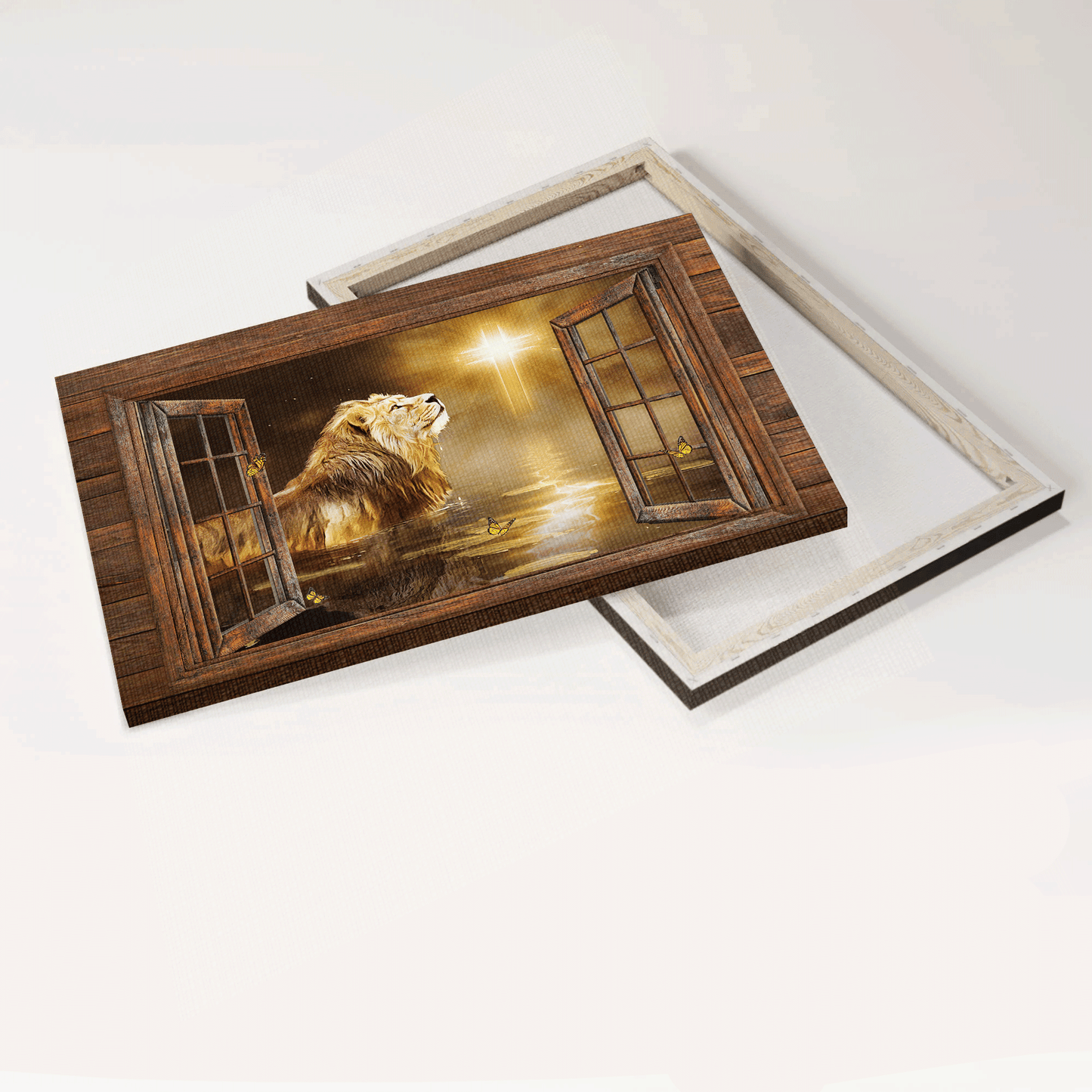 Jesus Landscape Canvas - Lion of Judah, Light cross, Magic lake, Beautiful night Landscape Canvas - Gift For Christian Landscape Canvas