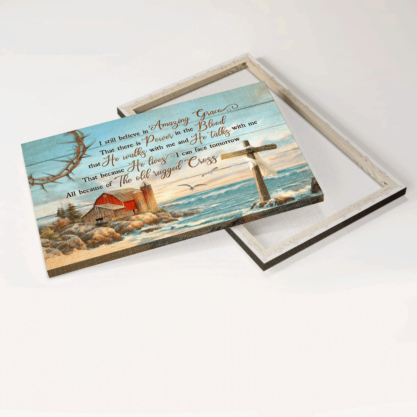Jesus Landscape Canvas- Beach Painting, Blue Ocean, Rustic Farmhouse- Gift For Christian- I Still Believe In Amazing Grace