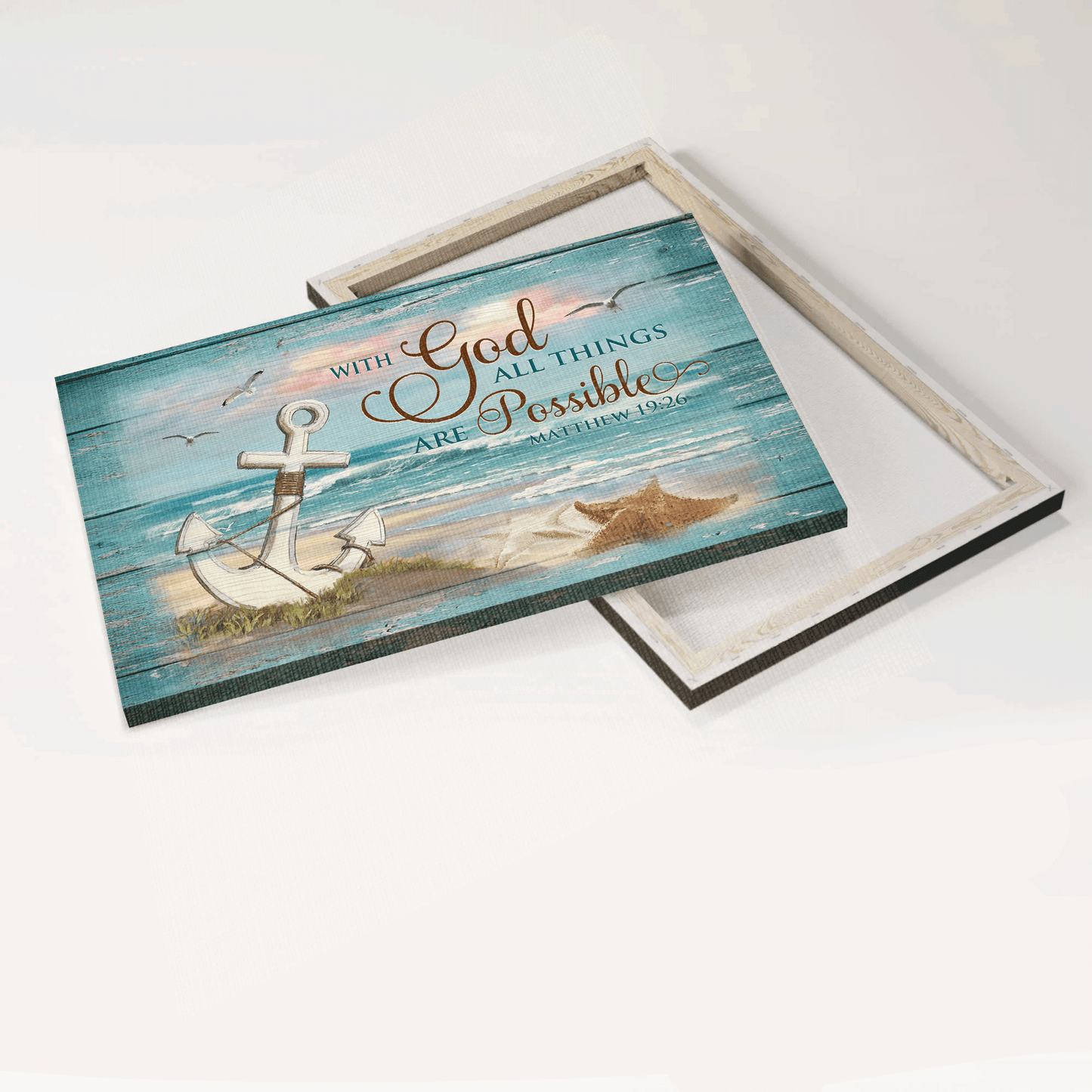 Jesus Landscape Canvas- Blue beach painting, White anchor, Sunset canvas- Gift for Christian- With God all things are possible - Landscape Canvas Prints, Christian Wall Art