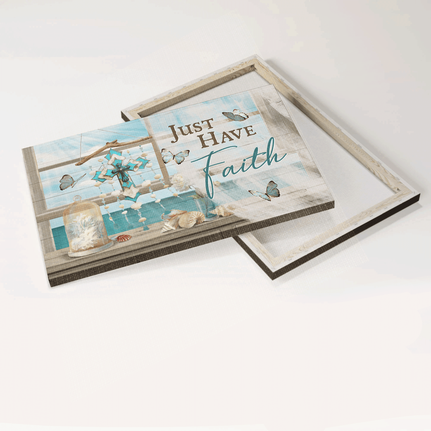 Jesus Landscape Canvas- Deep ocean, Colorful cross, Summer vibe, Blue butterfly canvas- Gift for Christian- Just have faith