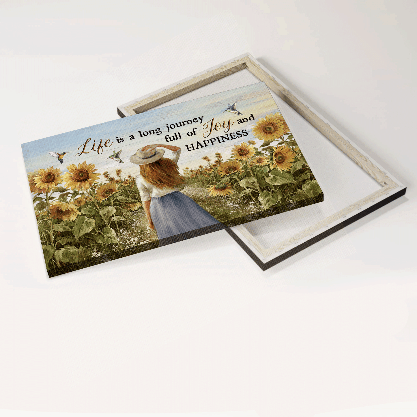 Jesus Landscape Canvas- Beautiful girl, Sunflower field, Colorful hummingbirds canvas- Gift for Christian- Life is a long journey