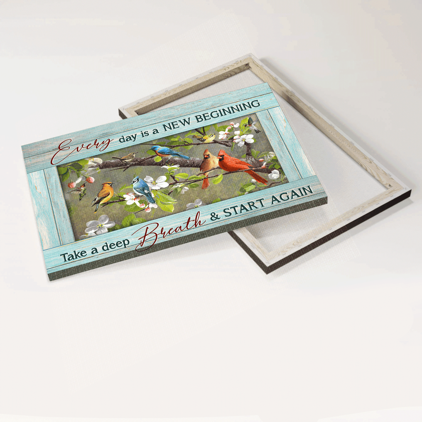 Jesus Landscape Canvas - Colorful Cardinal, Hummingbird Drawing, Peach Blossom, Every Day Is A New Beginning Landscape Canvas - Gift For Christian - Take A Deep Breath And Start Again