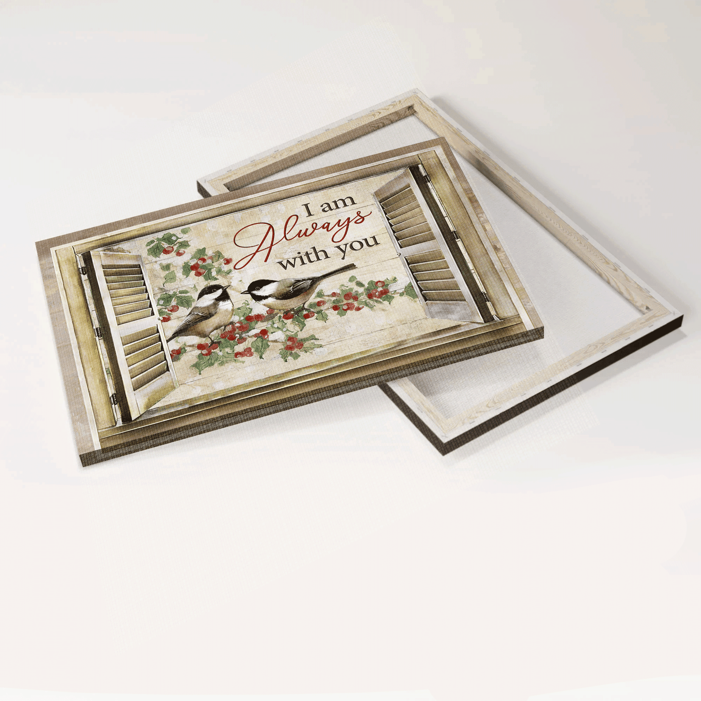 Jesus Landscape Canvas -Bird couple, Tit bird, Wooden windows, Inspirational quote Landscape Canvas - Gift For Christian - I am always with you Landscape Canvas