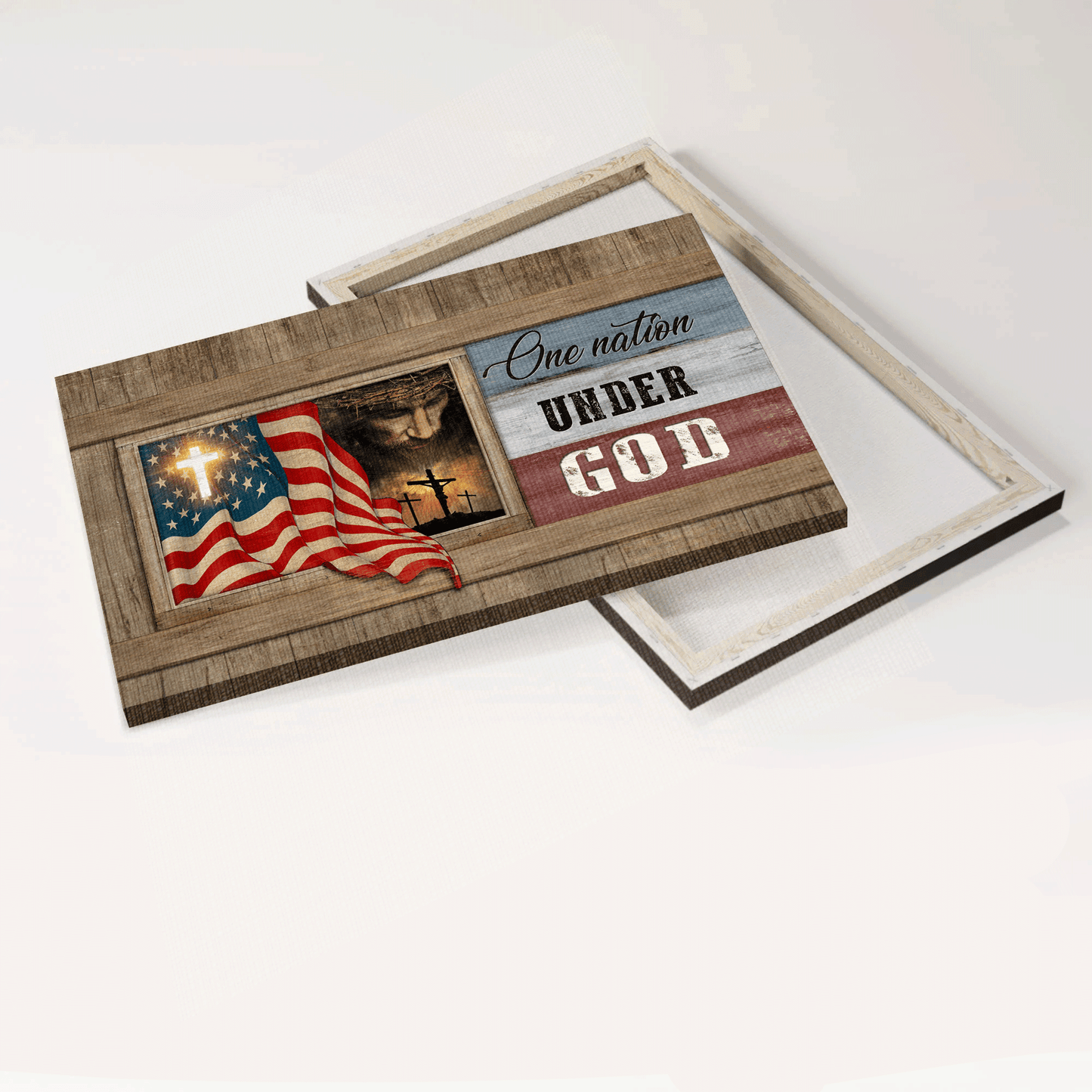 Jesus Landscape Canvas - Beautiful Us Flag, Face Of Jesus, Window Painting Landscape Canvas - Gift For Christian - One Nation Under God