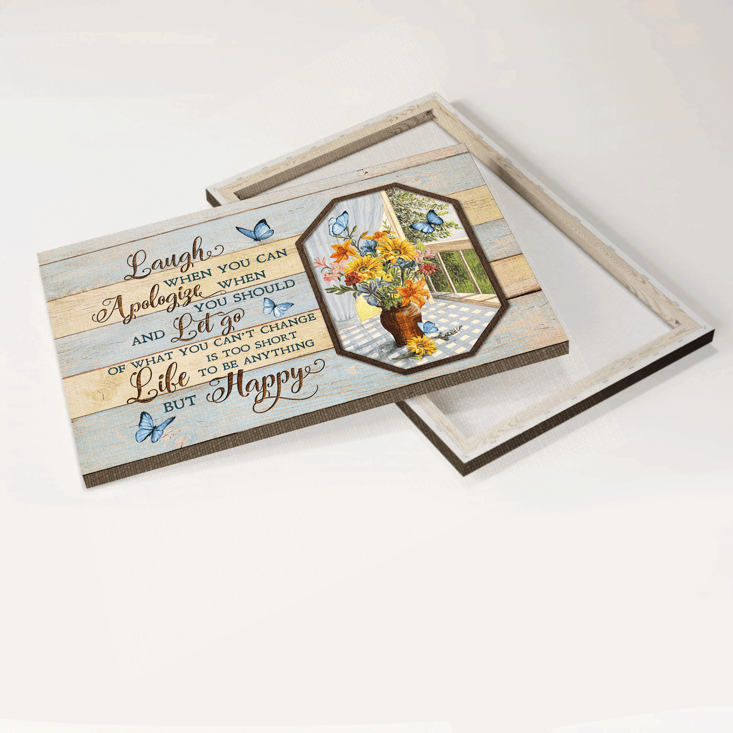 Jesus Landscape Canvas- Blue butterflies, Flower vase canvas- Gift for Christian- Laugh when you can, apologize when you should and be happy - Landscape Canvas Prints, Wall Art