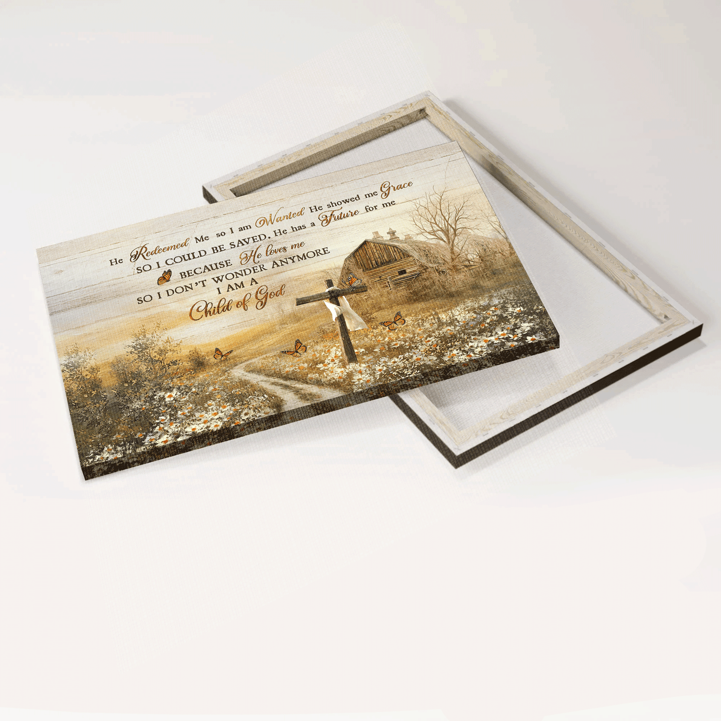 Jesus Landscape Canvas- Beautiful farm, Old cross, Daisy field, Pretty butterfly- Gift for Christian - He redeemed me - Landscape Canvas Prints, Wall Art