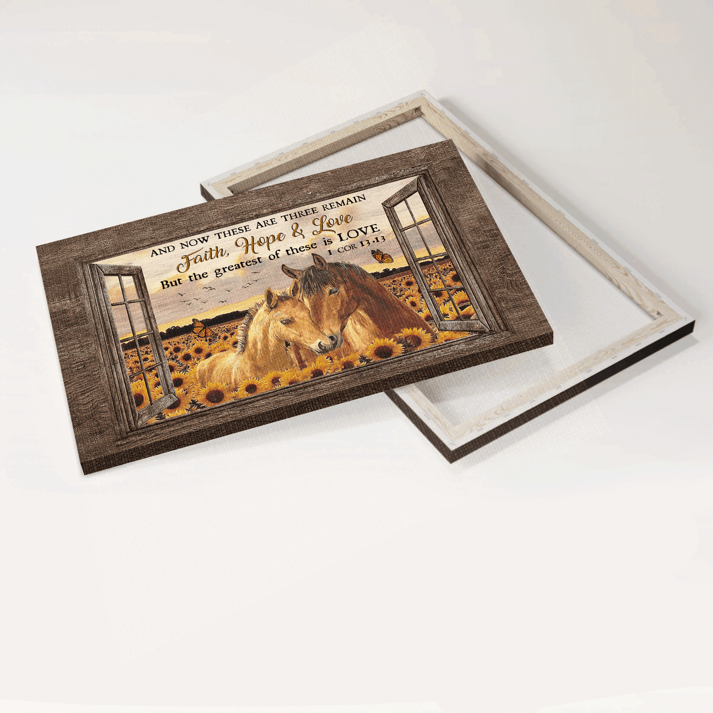 Jesus Landscape Canvas- Beautiful horses, Sunflower field, Pretty sunset, Orange butterfly canvas- Gift for Christian-The greatest of these is love