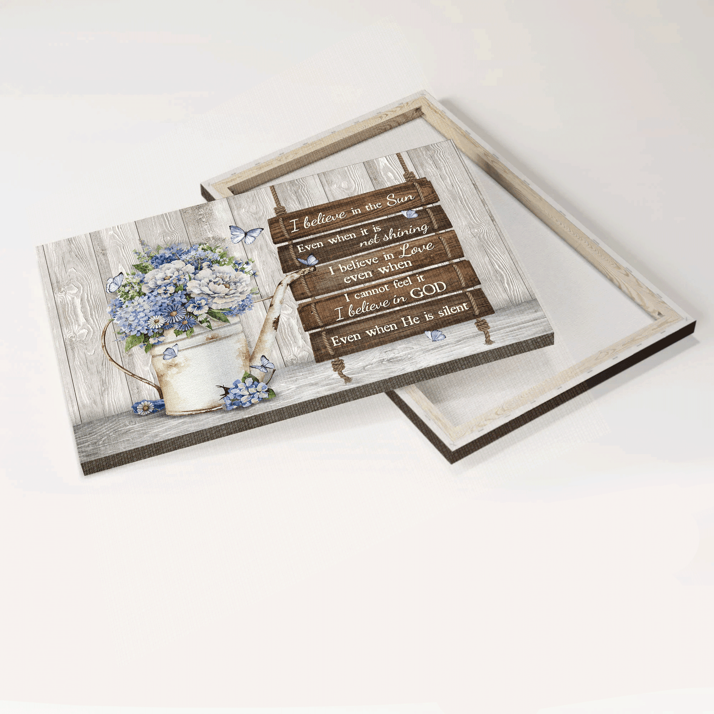 Jesus Landscape Canvas- Blue hydrangea, White flower, Pretty butterfly canvas- Gift for Christian- I believe in the sun - Landscape Canvas Prints, Christian Wall Art