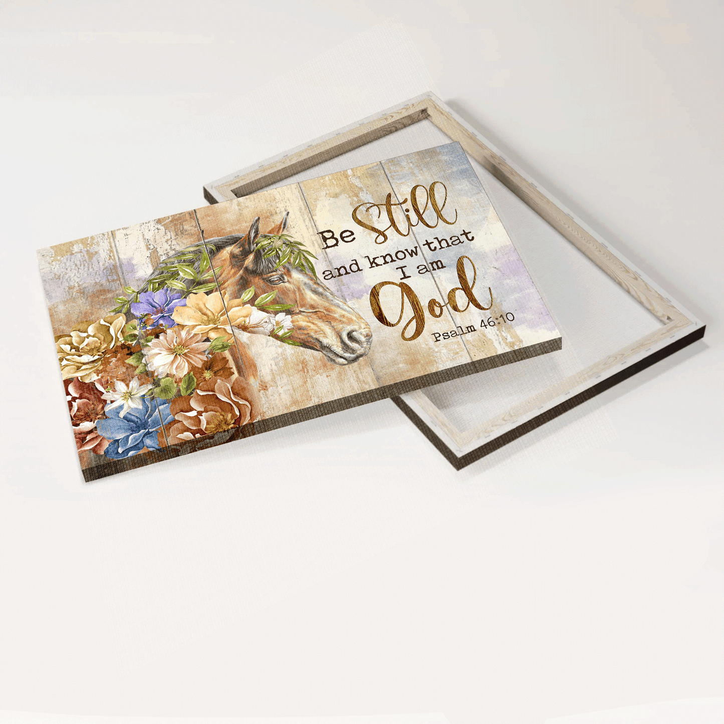 Jesus Landscape Canvas- Beautiful flowers, Cape jasmine, Brown horse canvas- Gift for Christian- Be still and I am God