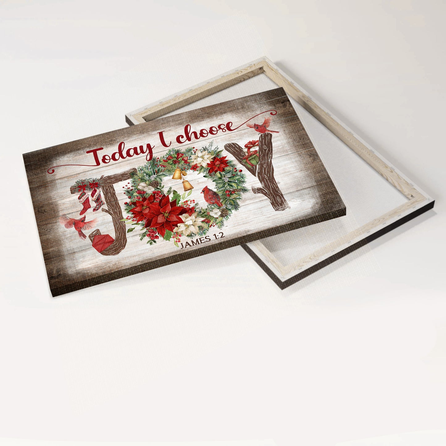 Jesus Landscape Canvas - Christmas Wreath, Red Cardinal, Pretty Christmas Gift Box, Wooden Background Landscape Canvas - Gift For Christian - Today I Choose Joy