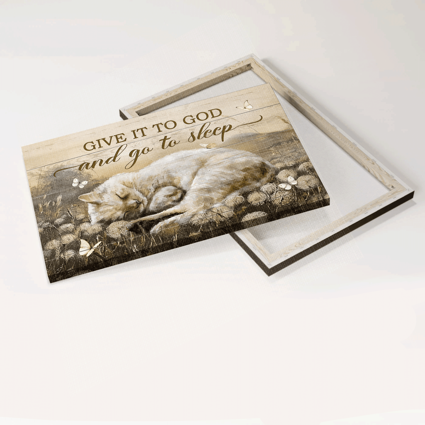 Jesus Landscape Canvas- Dandelion field painting, Sleeping cat, Butterfly canvas- Gift for Christian- Give it to God and go to sleep