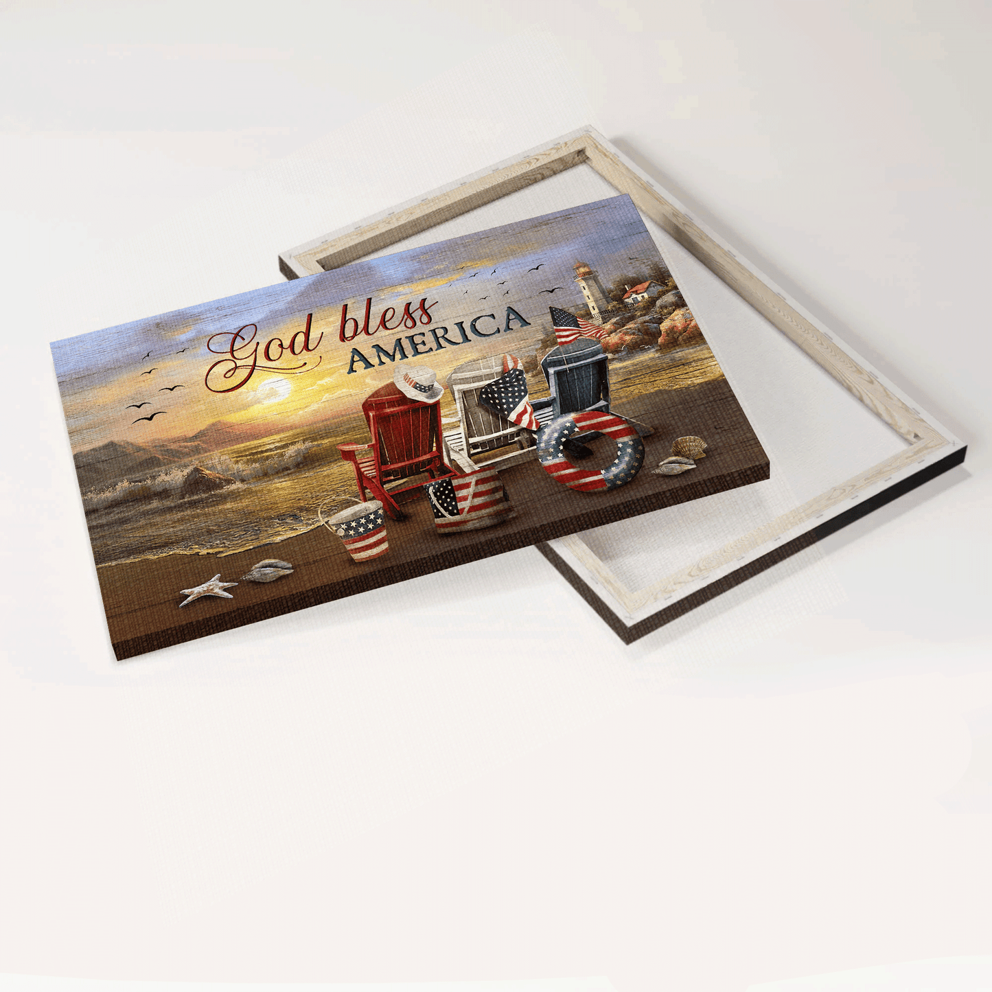 Jesus Landscape Canvas- Beach Chair, American Flag, Today Sunrise, Seagull Painting Canvas- Gift For Christian- God Bless America