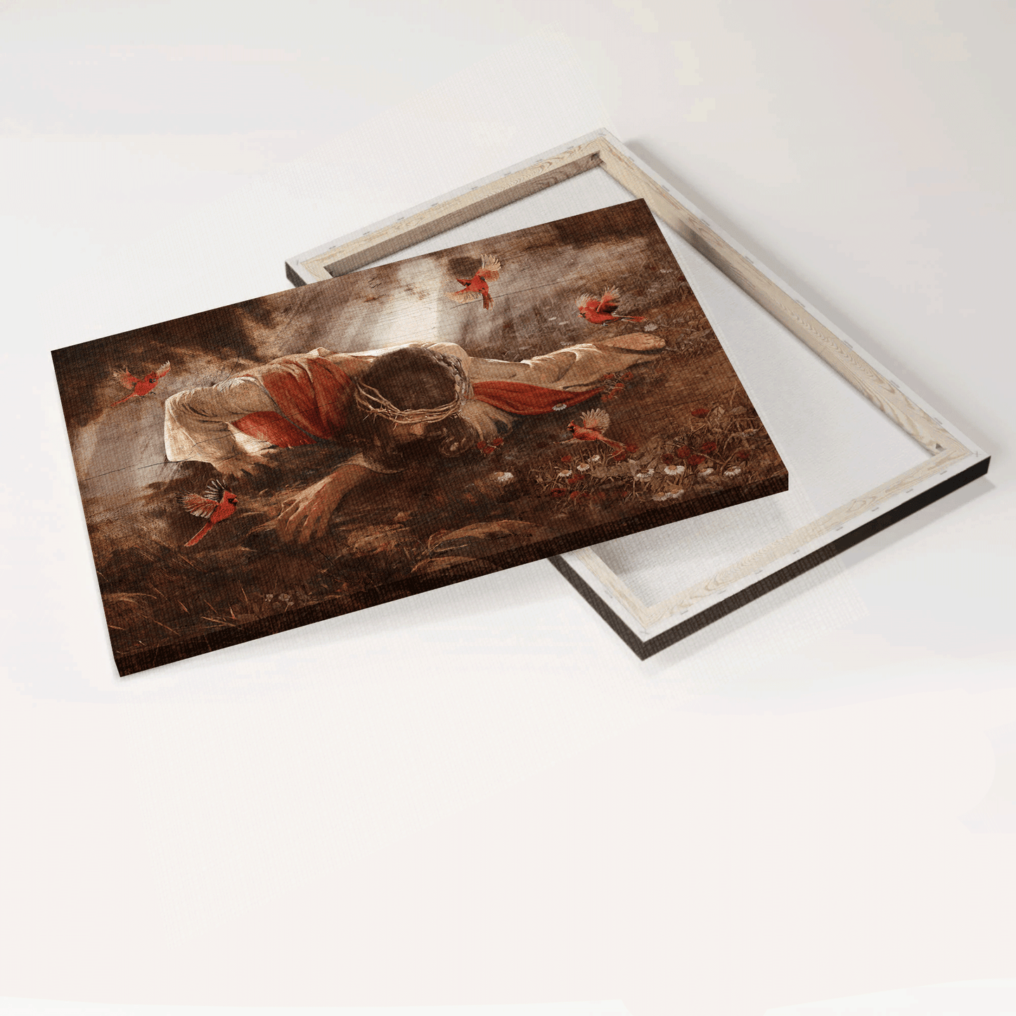 Jesus Landscape Canvas - Red cardinal, Jesus painting, Daisy flower, Crown of thorns, In the darkness Landscape Canvas - Gift For Christian Canvas Prints, Christian Wall Art