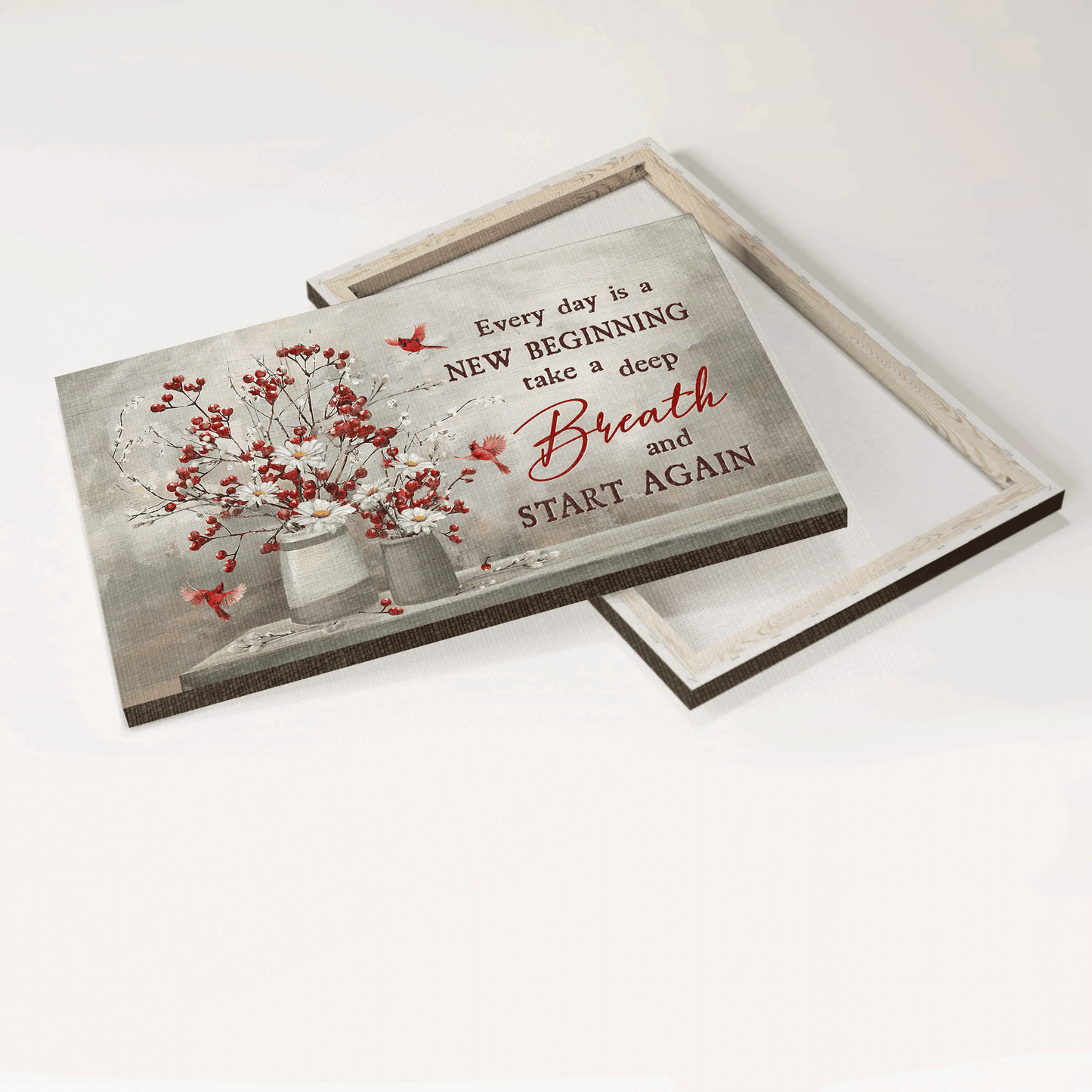 Jesus Landscape Canvas - Red cranberry, Daisy flower, Cardinal, Every day is a new beginning Landscape Canvas - Gift For Christian Canvas Prints, Christian Wall Art