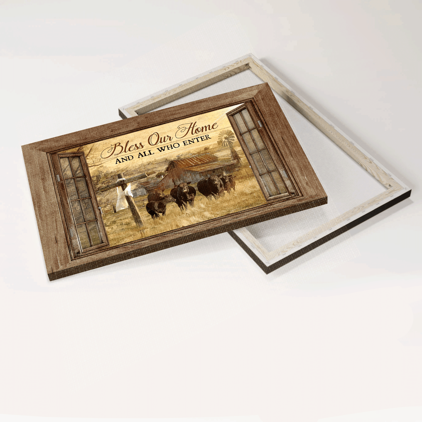 Jesus Landscape Canvas - Cow, Tranquil farm, Wooden cross- Gift for Christian - Bless on home who are enter - Landscape Canvas Prints, Wall Art