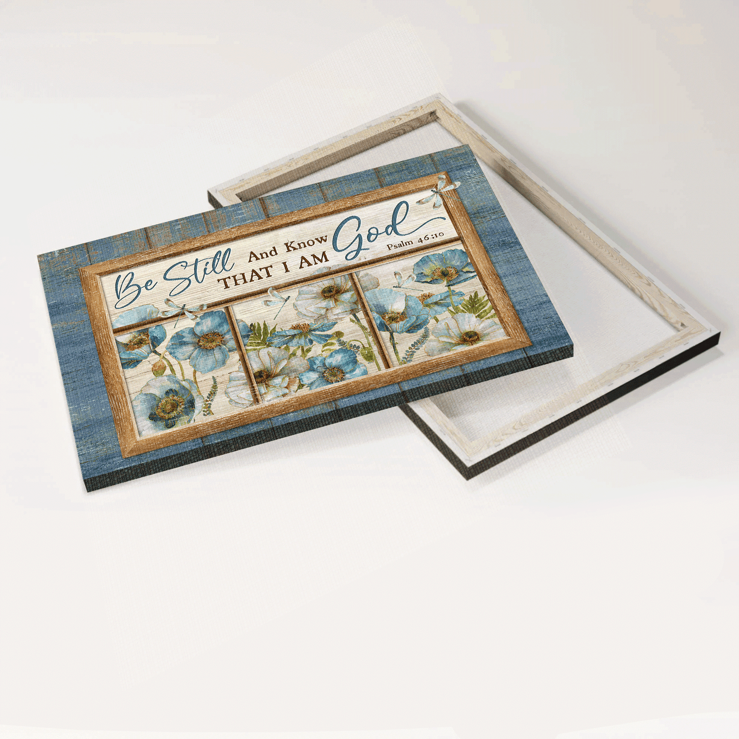 Jesus Landscape Canvas - Blue flower garden, Pretty dragonfly Landscape Canvas - Gift For Christian - Be still and know that I am God Landscape Canvas