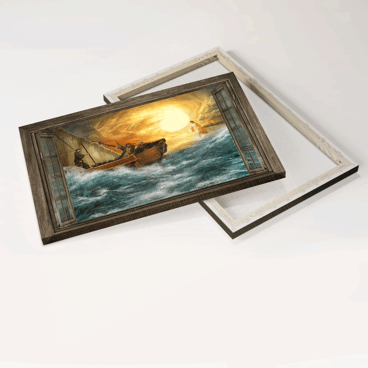 Jesus Landscape Canvas- Blue ocean, Jesus halo, God guides us through storm canvas- Gift for Christian- Landscape Canvas Prints, Wall Art