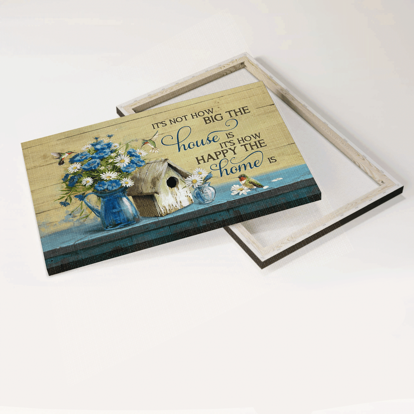 Jesus Landscape Canvas- Blue daisy, Wooden birdhouse canvas- Gift for Christian- It's not how big the home is, It's how happy the home is - Landscape Canvas Prints, Christian Wall Art