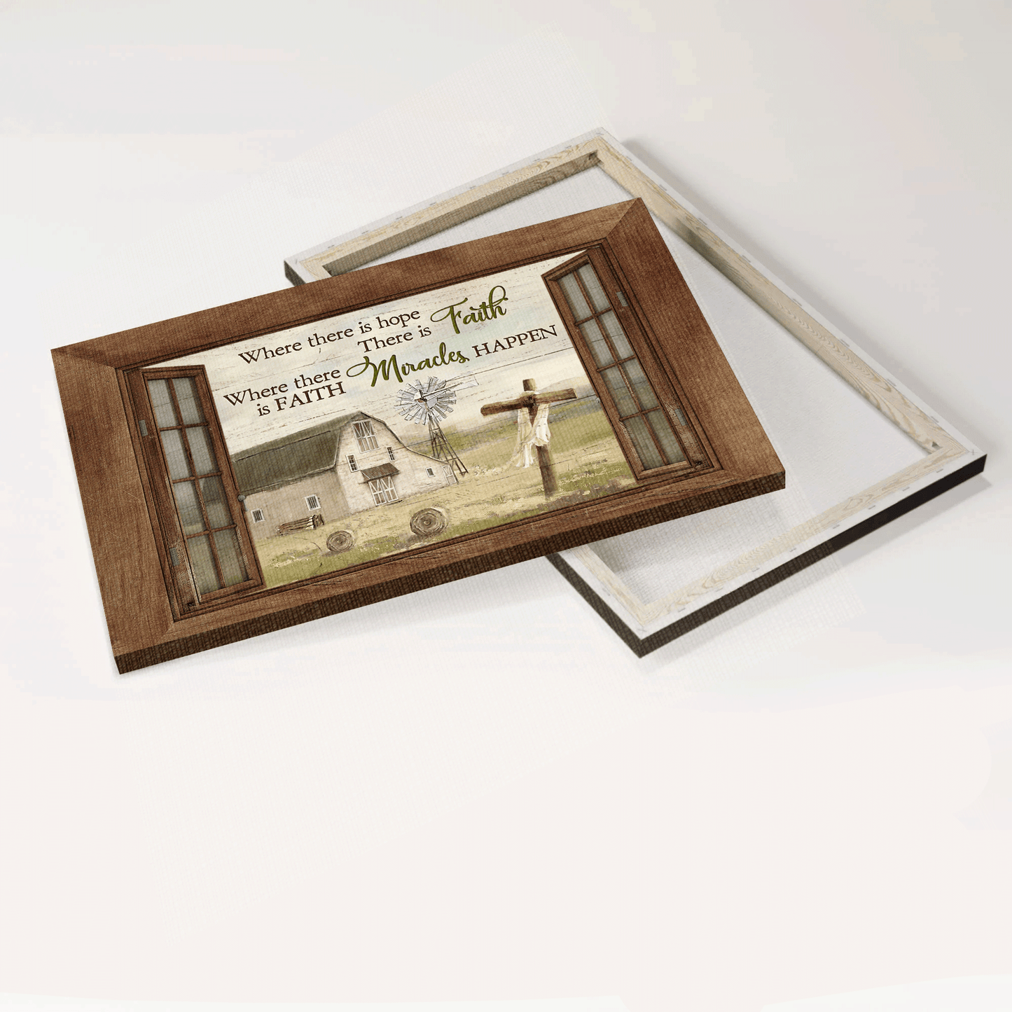 Jesus Landscape Canvas - White House, Wooden Cross, Window Frame, Windmill Canvas - Gift For Christian - Where There Is Hope There Is Faith Canvas