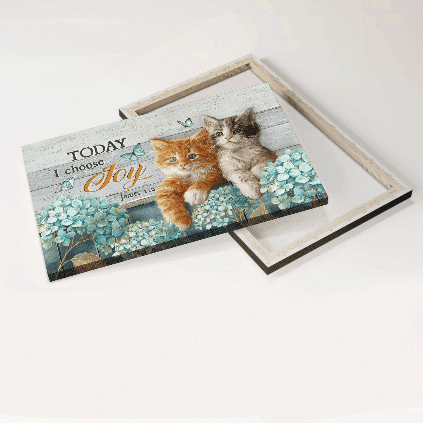 Jesus Landscape Canvas - Little cat painting, Blue hydrangea garden Landscape Canvas - Gift For Christian - Today I choose joy Landscape Canvas