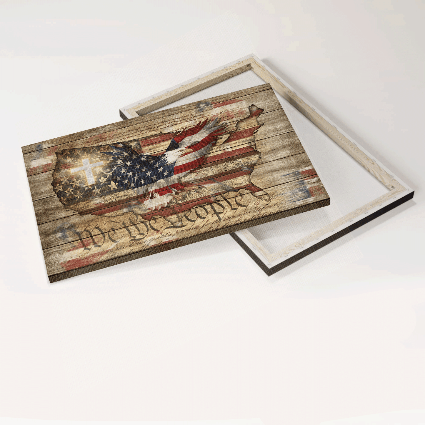 Jesus Landscape Canvas- Beautiful Eagle Painting, White Cross, Amazing US Flag Canvas- Gift For Christian- We The People