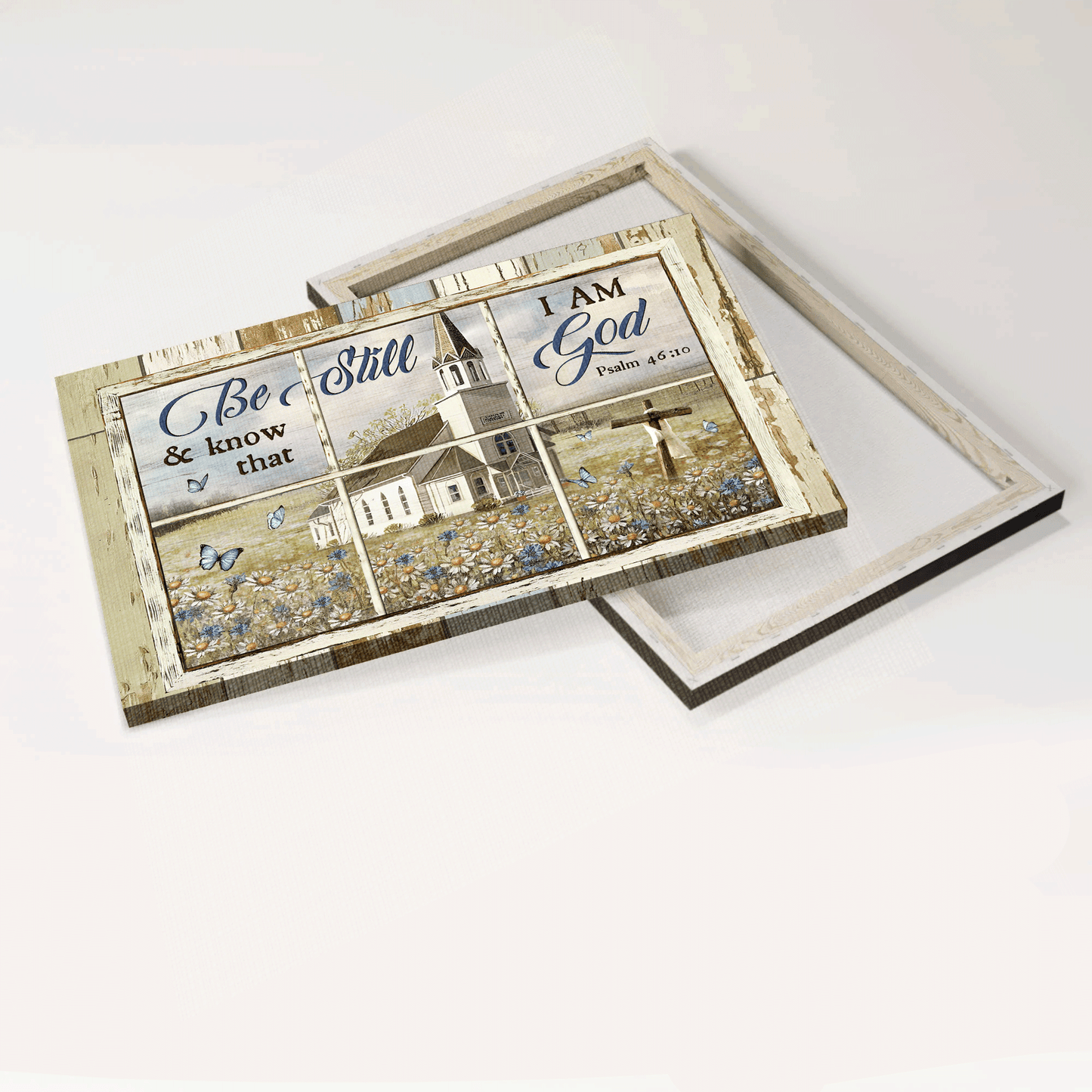 Jesus Landscape Canvas - Beautiful Church, Daisy Garden, Old Ruggred Cross, Landscape Canvas - Gift For Christian - Be Still And Know That I Am God