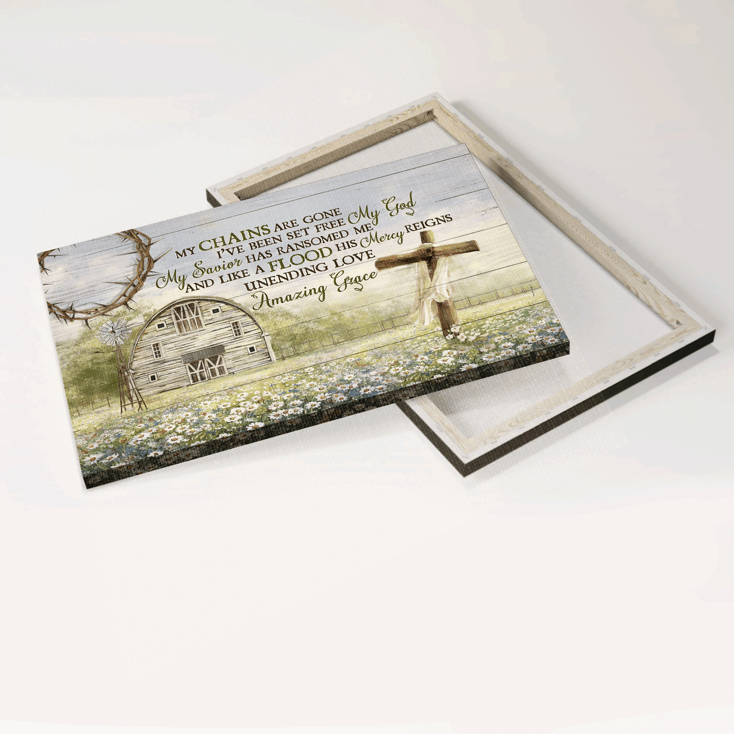 Jesus Landscape Canvas- Daisy field, Wooden Cross, Tranquil farm, Windmill canvas- Gift for Christian- My chains are gone, I've been set free