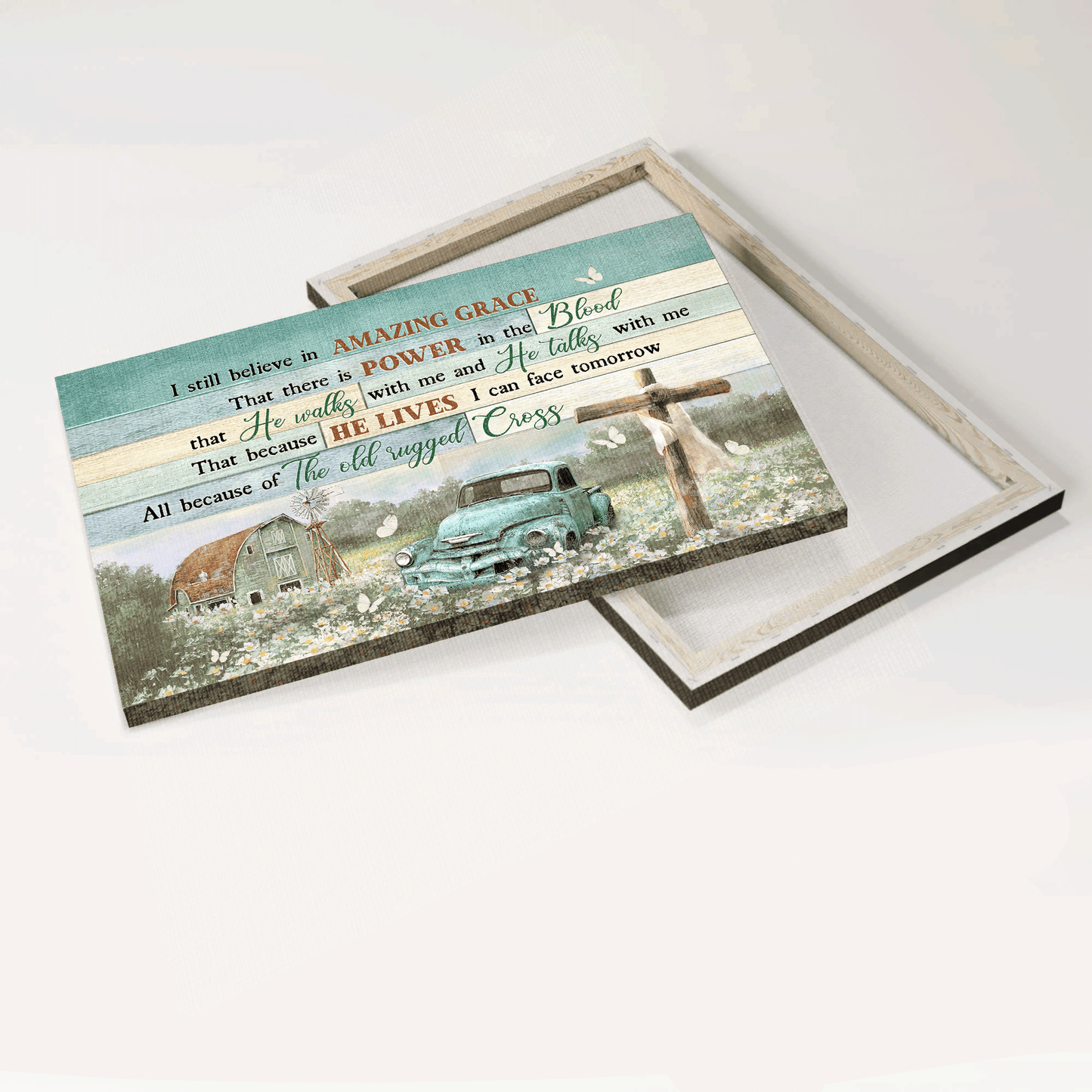 Jesus Landscape Canvas - Old car, Flower field, Wooden Cross Landscape Canvas - Gift For Christian - I still believe in amazing grace Landscape Canvas