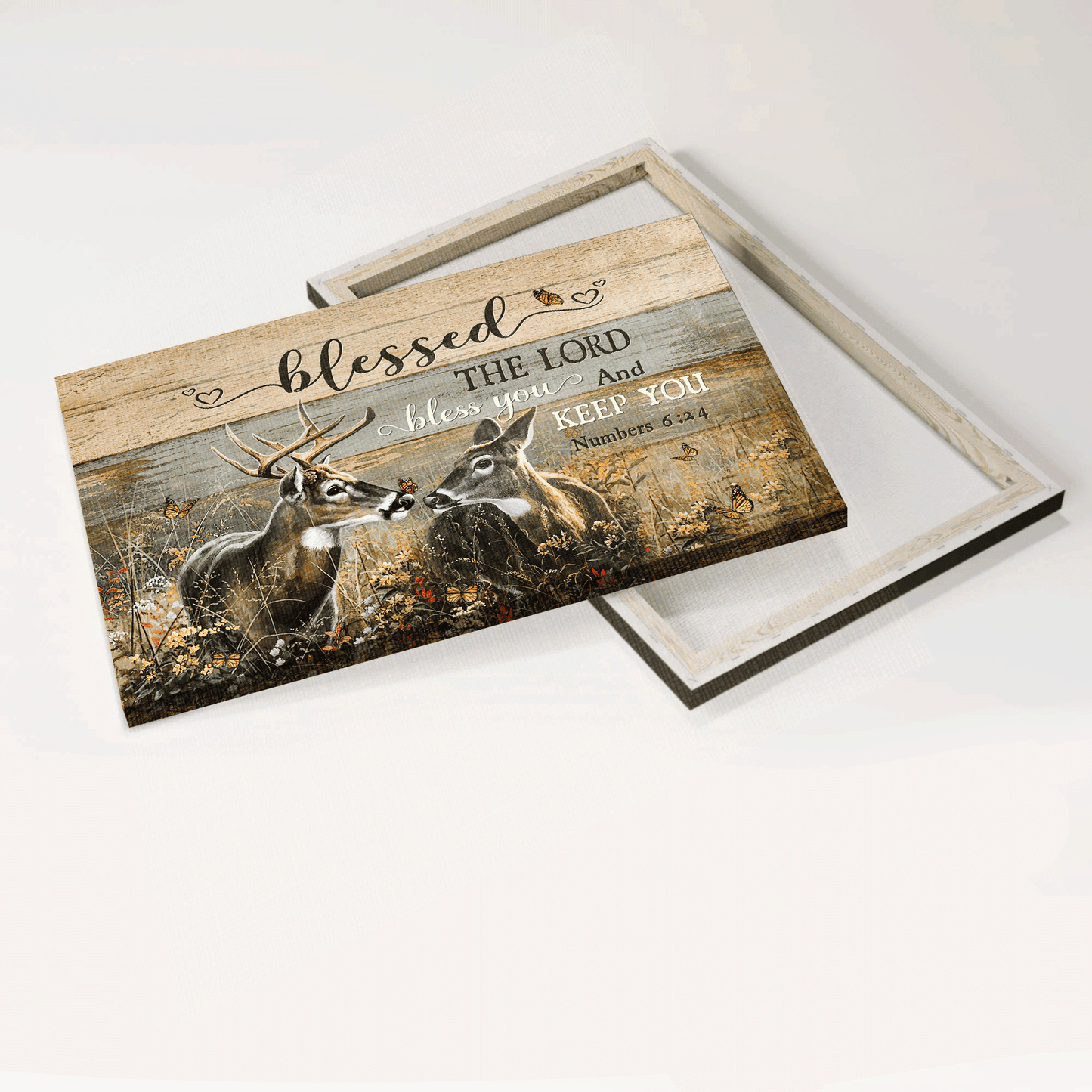 Jesus Landscape Canvas- Deer couple painting, In the forest, Orange butterfly canvas- Gift for Christian- Blessed the Lord bless you and keep you