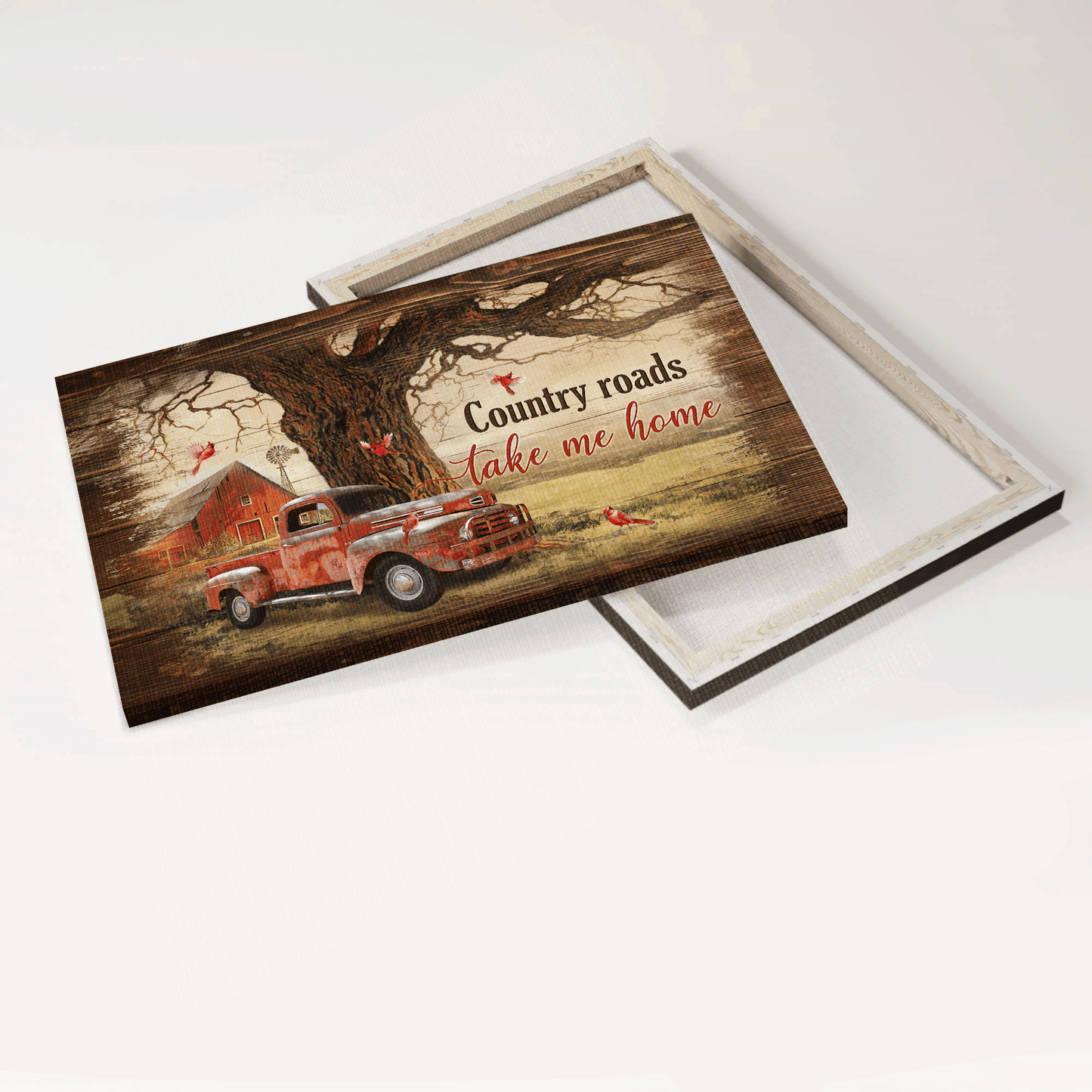 Jesus Landscape Canvas - Ladybug car, Red cardinal, Countryside painting Canvas - Gift For Christian - Country roads take me home