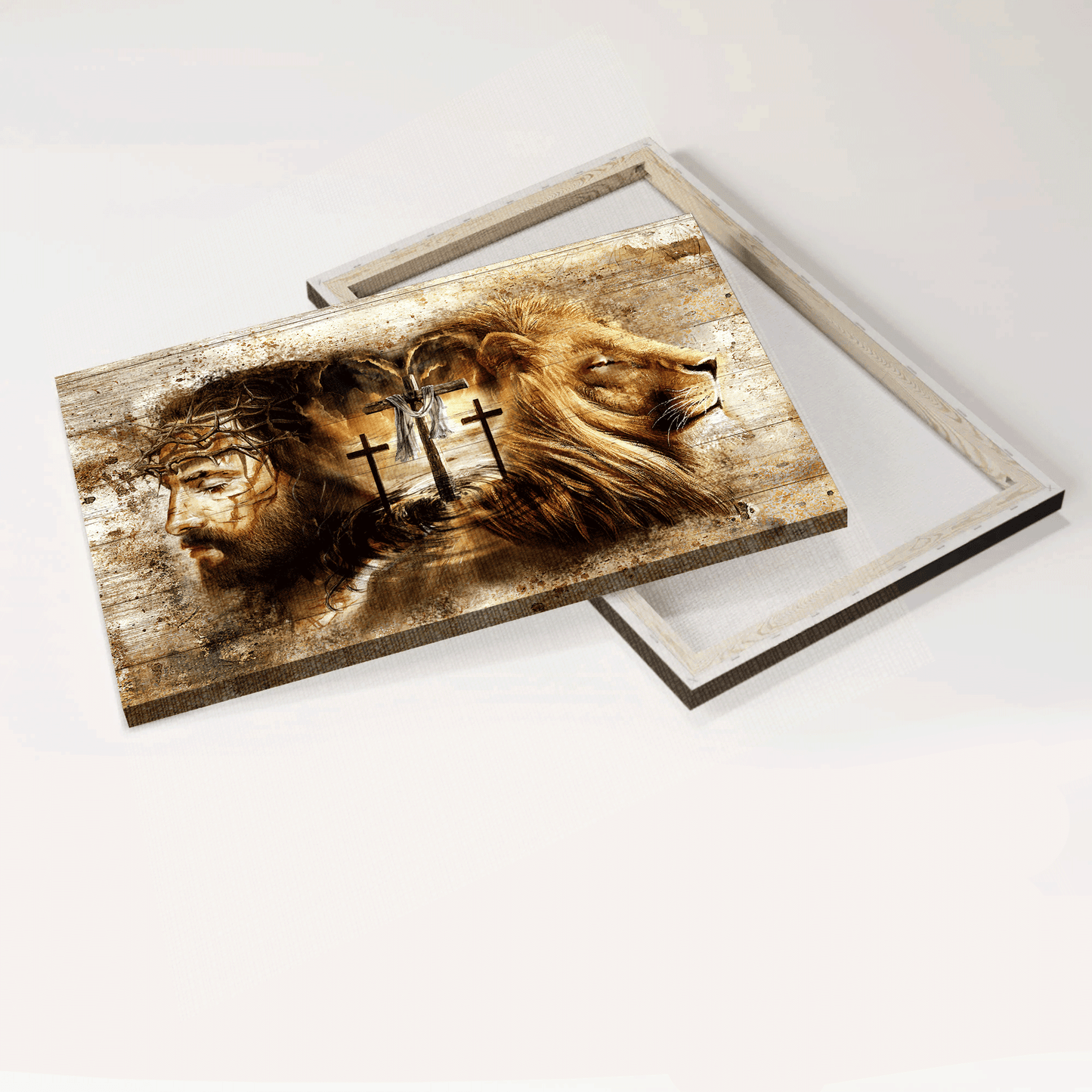 Jesus Landscape Canvas - Lion of Judah, Three wooden crosses, Vintage painting, Amazing Jesus drawing Landscape Canvas - Gift For Christian Landscape Canvas