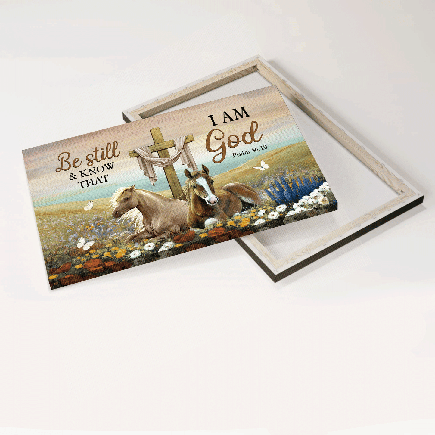 Jesus Landscape Canvas- Beautiful horses, Old rugged cross, Flower field canvas- Gift for Christian- Be still and know that I am God