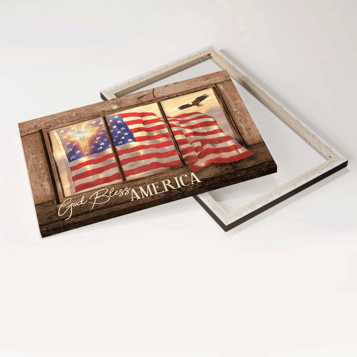 Jesus Landscape Canvas - Beautiful US flag, Cross symbol, Vintage window Landscape Canvas - Gift For Christian - God bless America