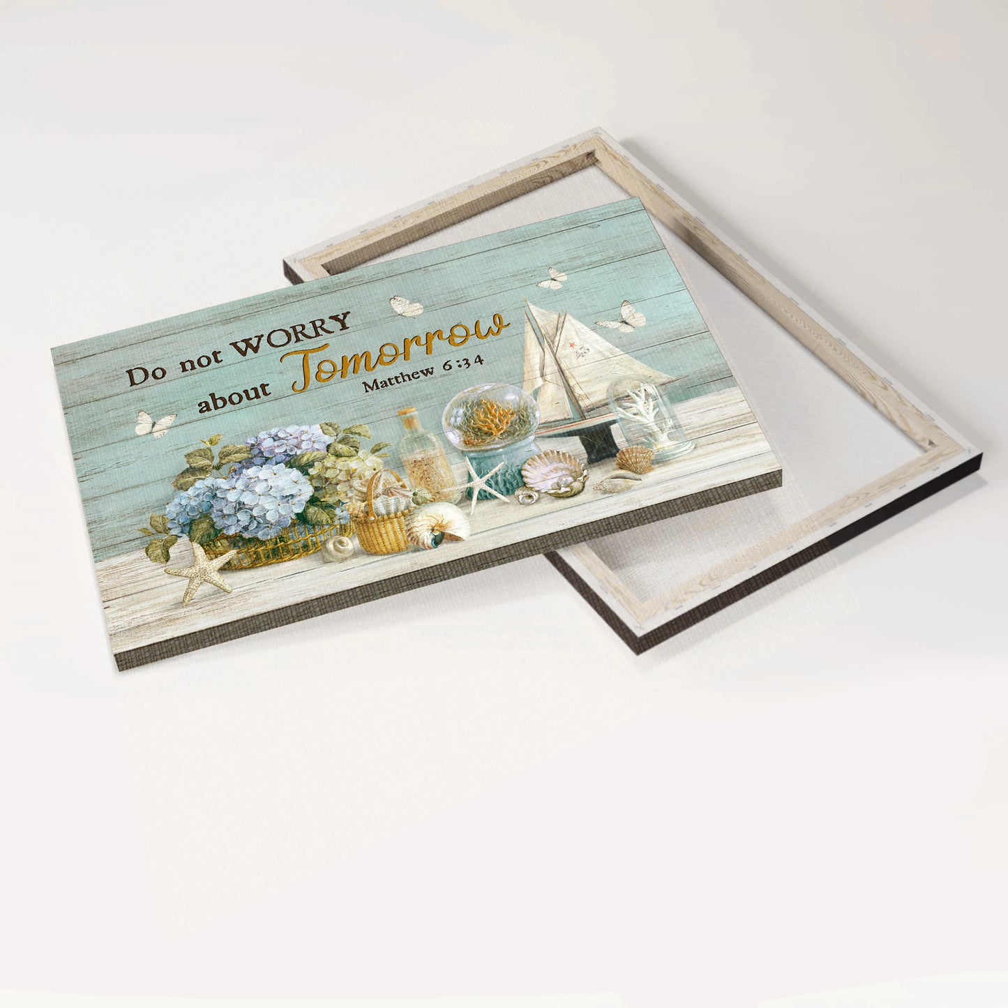 Jesus Landscape Canvas - Blue hydrangea, Seashells, Coral Landscape Canvas - Gift For Christian - Do not worry about tomorrow Landscape Canvas