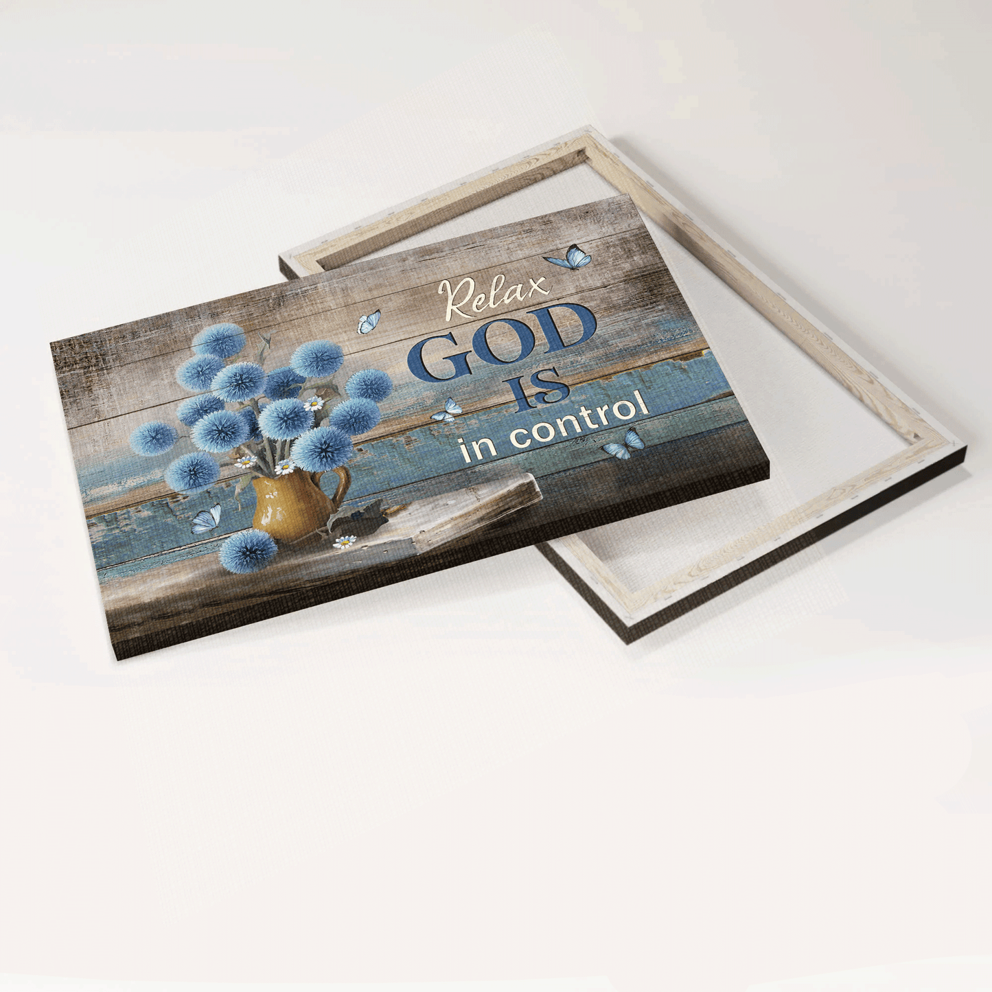 Jesus Landscape Canvas - Blue flowers, Abstract butterfly, Vintage painting, Relax Landscape Canvas - Gift For Christian - God is in control Landscape Canvas