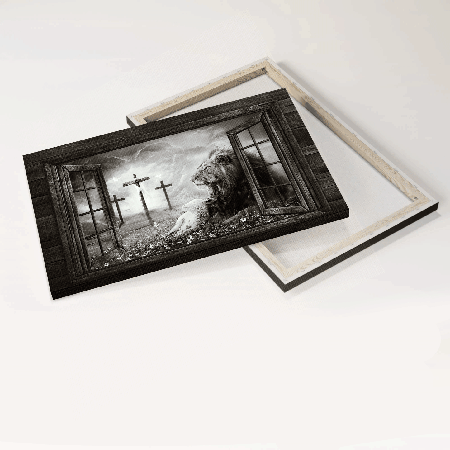 Jesus Landscape Canvas- Black and White Lion of Judah, Lamb of God, Three rugged crosses- Gift for Christian- On a peaceful day - Landscape Canvas Prints, Wall Art