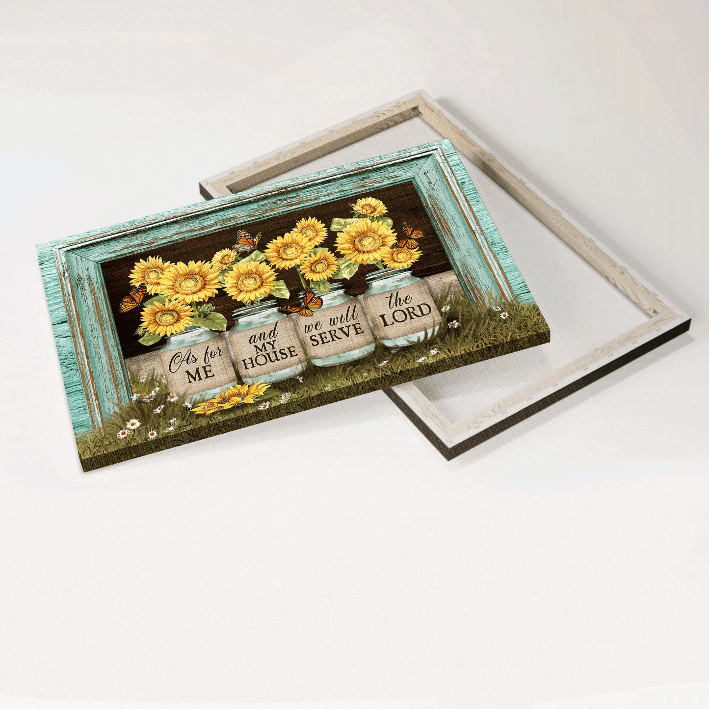Jesus Landscape Canvas - Beautiful sunflower jars, Butterfly, Picture frame Landscape Canvas - Gift For Christian - We will serve the lord