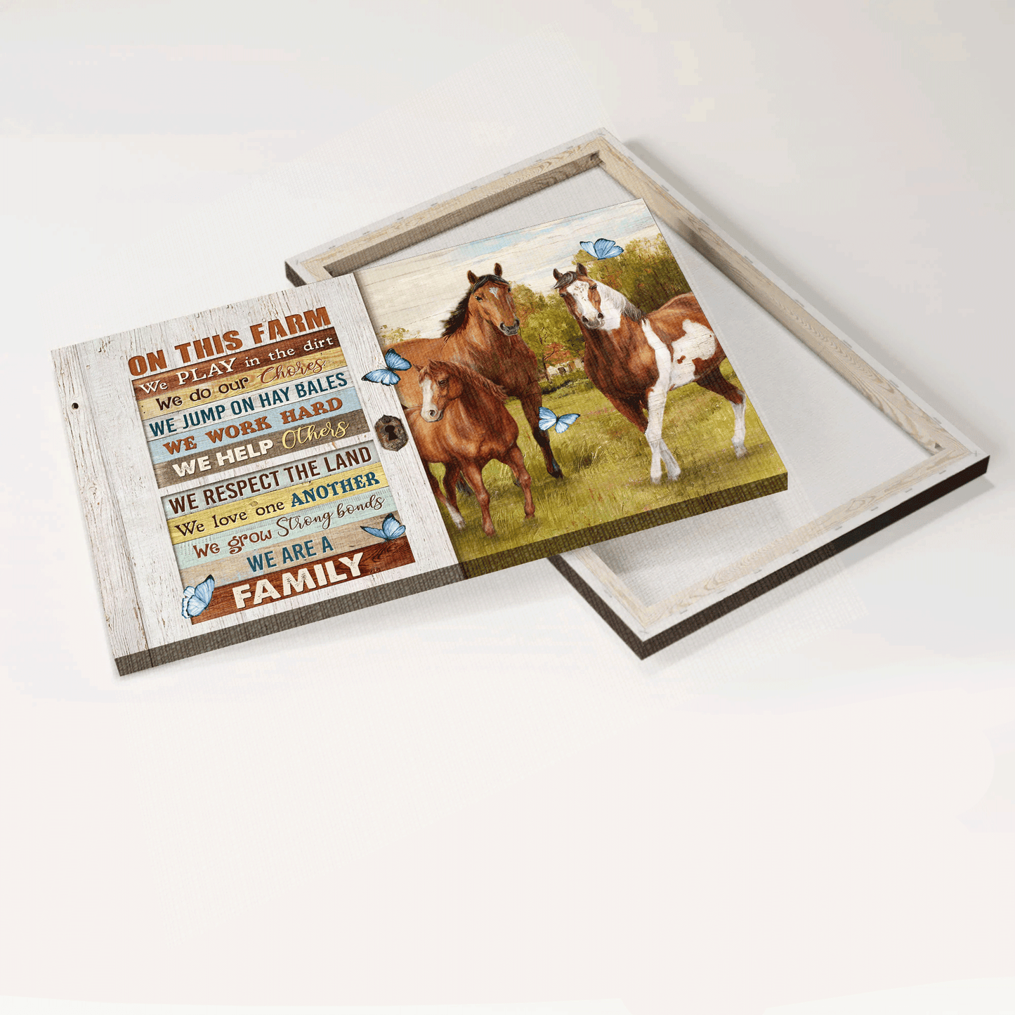 Jesus Landscape Canvas- Beautiful horse drawing, Green meadow, Blue butterfly canvas- Gift for Christian- On this farm we play in the dirt