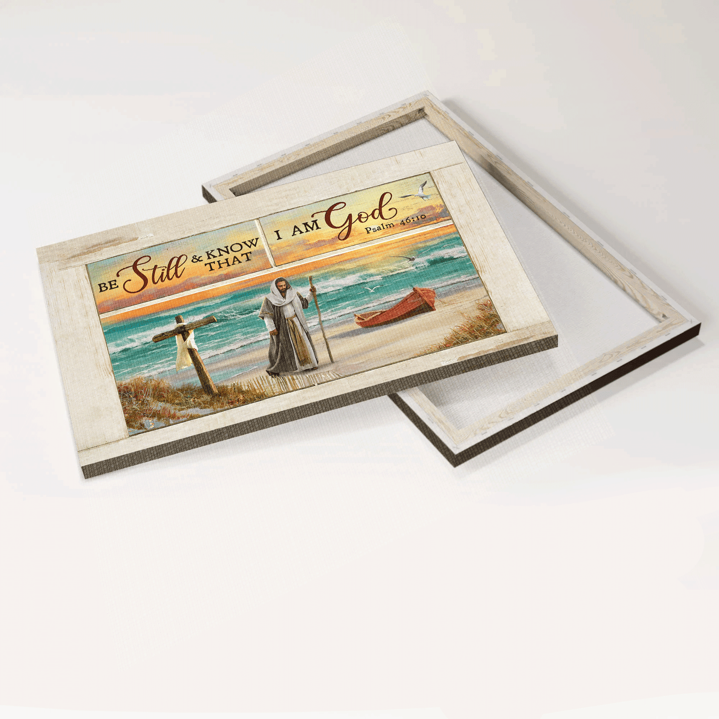 Jesus Landscape Canvas - Jesus walking, Blue beach, Wooden boat, Beautiful sunset Canvas - Gift For Christian - Be still and know that I am God Canvas
