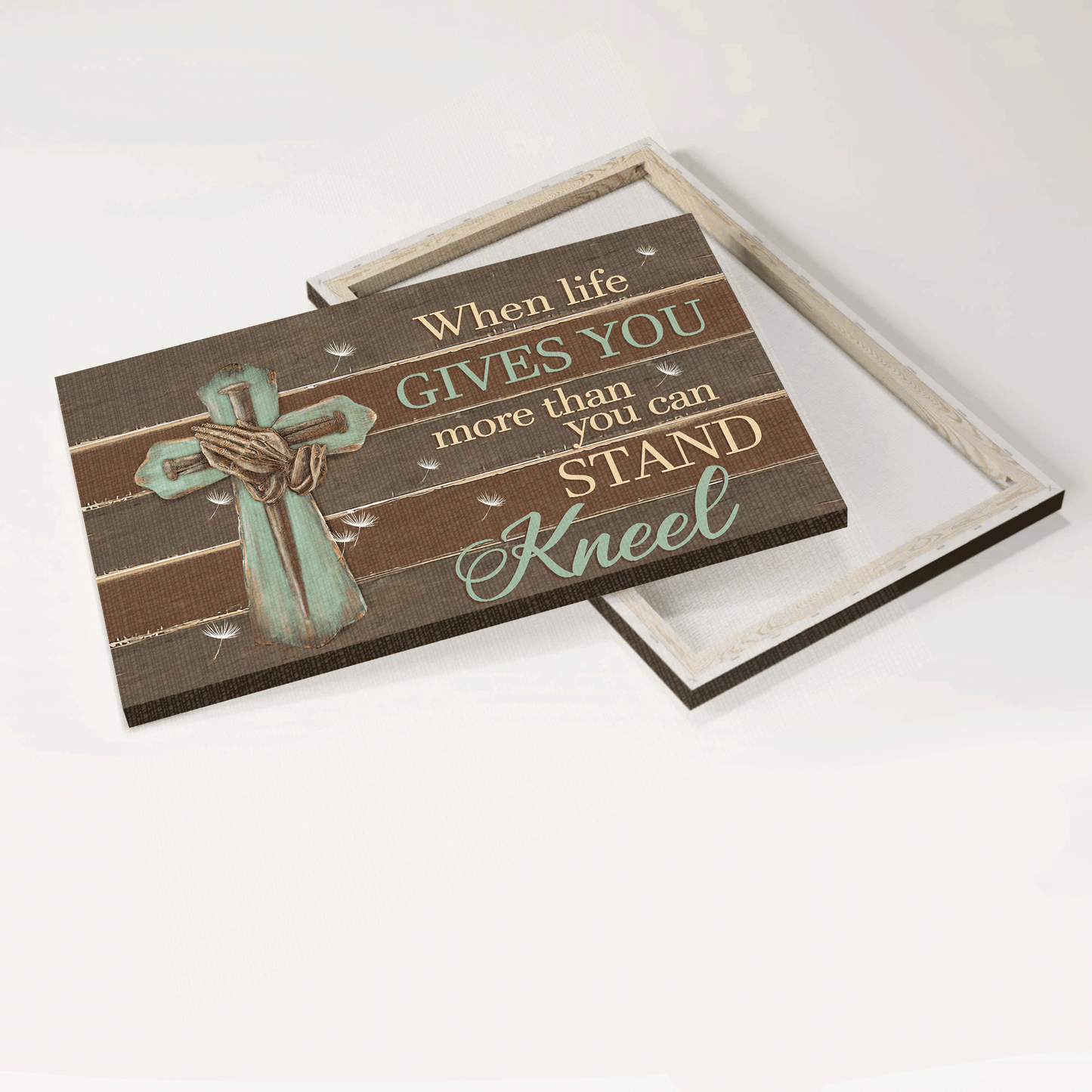 Jesus Landscape Canvas - Praying hand, Wooden cross Canvas - Gift for Christian - When life gives you more than you can stand kneel  Landscape Canvas