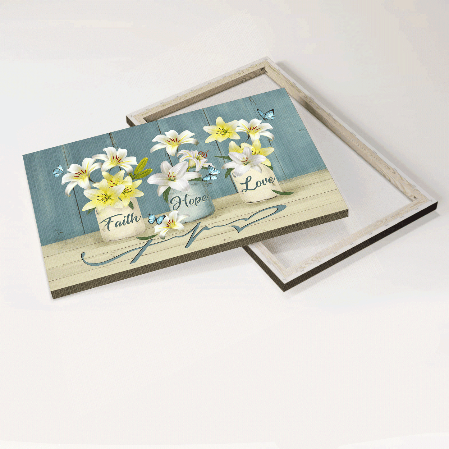 Jesus Landscape Canvas - White Lily Drawing, Blue Butterfly Canvas - Gift For Christian - Faith Hope Love Canvas