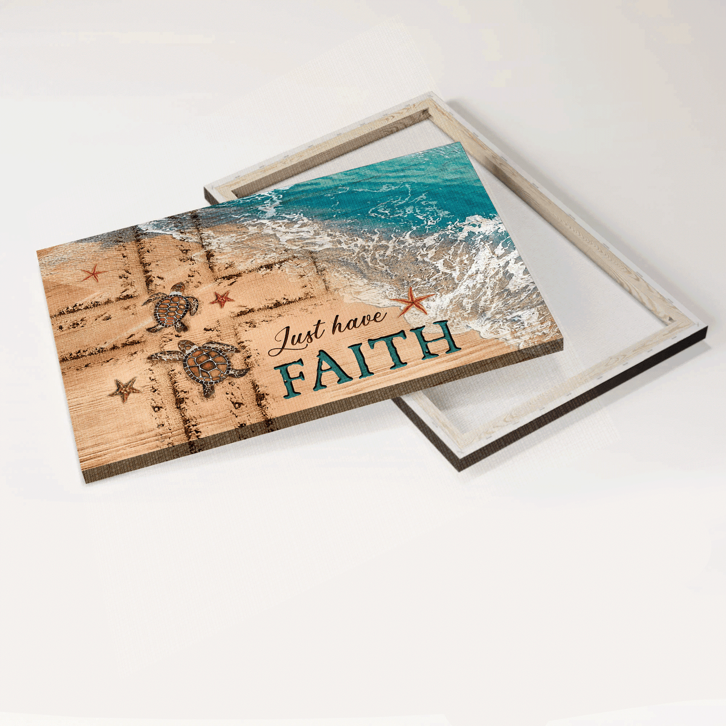Jesus Landscape Canvas- Beach Painting, Couple Sea Turtle, Cross Symbol Canvas- Gift For Christian- Just Have Faith