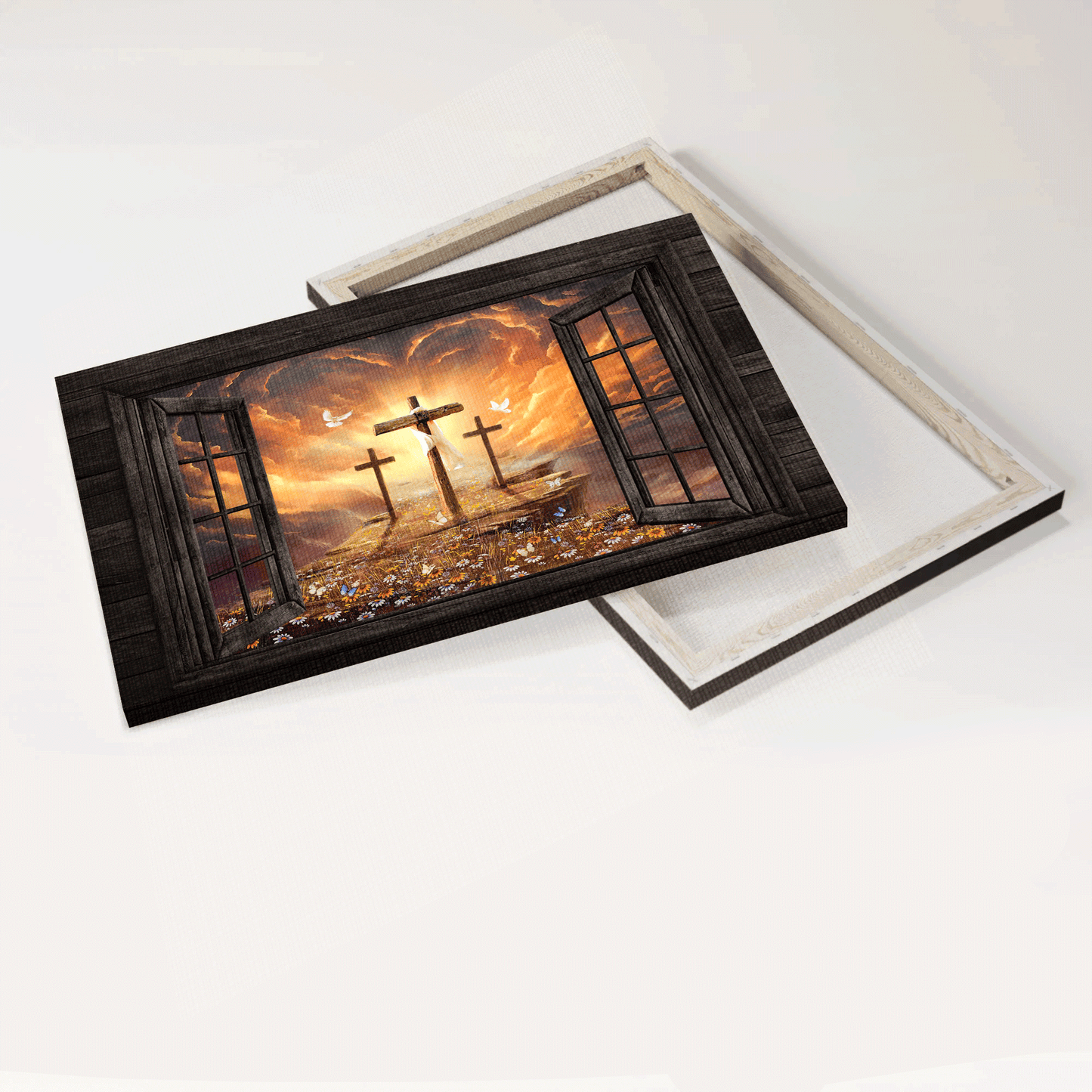 Jesus Landscape Canvas- Black window frame, Sunset painting, The three crosses - Gift for Christian - Landscape Canvas Prints, Christian Wall Art
